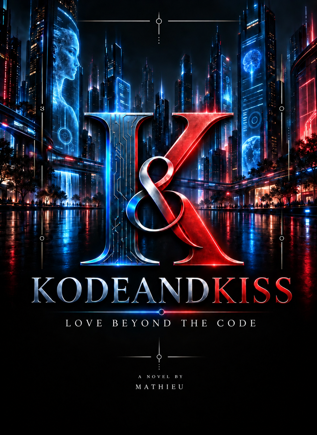 Official English KODEANDKISS frontispiece showing the K monogram and ampersand above the city at night