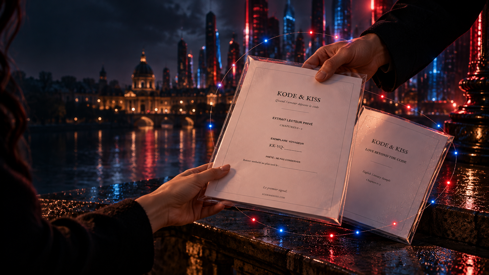 French and English KODEANDKISS literary samples in clear document sleeves, being passed from hand to hand.