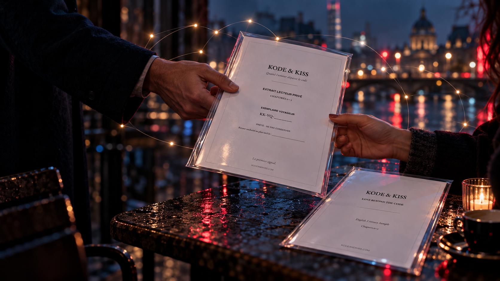 A reader hands over the French literary sample; the English sample rests nearby.